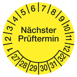 Prüfplaketten gelb Ø 15 mm "Nächster Prüftermin" 2027 - 2032 aus Dokumentenfolie 10 Stück/Bogen