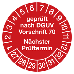 Prüfplaketten rot Ø 30 mm "geprüft nach DGUV Vorschrift 70 Nächster Prüftermin" 2027 aus PVC-Folie 10 Stück/Bogen