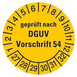 Pr&uuml;fplakette gepr&uuml;ft nach DGUV Vorschrift 54 2027 Gelb Folie &Oslash; 30 mm 10 St&uuml;ck/Bogen