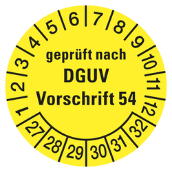 Prüfplaketten gelb Ø 30 mm "geprüft nach DGUV Vorschrift 54" 2027 - 2032 aus PVC-Folie 10 Stück/Bogen