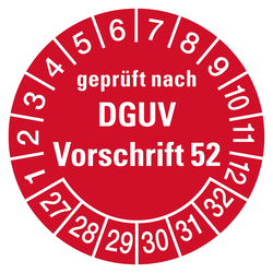Prüfplaketten rot Ø 30 mm "geprüft nach DGUV Vorschrift 52" 2027 - 2032 aus PVC-Folie 10 Stück/Bogen