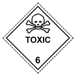 Gefahrzettel, Gefahrgutaufkleber Klasse 6.1 Giftige Stoffe mit Zusatztext TOXIC, mit gestrichelter Kontrastlinie, Folie, 100 x 100 mm, Einzeletikett