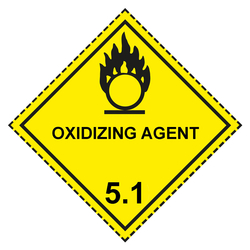 Gefahrzettel, Gefahrgutaufkleber Klasse 5.1 Entzündend (oxidierend) wirkende Stoffe, Flamme über einem Kreis Schwarz mit Zusatztext OXIDIZING AGENT, mit gestrichelter Kontrastlinie, Haftpapier, 100 x 100 mm, 100 Stück/Rolle