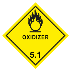 Gefahrzettel, Gefahrgutaufkleber Klasse 5.1 Entzündend (oxidierend) wirkende Stoffe, Flamme über einem Kreis Schwarz mit Zusatztext OXIDIZER, Folie, 50 x 50 mm, 100 Stück/Rolle