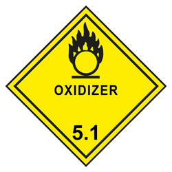 Gefahrzettel, Gefahrgutaufkleber Klasse 5.1 Entzündend (oxidierend) wirkende Stoffe, Flamme über einem Kreis Schwarz mit Zusatztext OXIDIZER, mit durchgehender Kontrastlinie, Folie, 50 x 50 mm, 15 Stück/Bogen