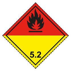 Gefahrzettel, Gefahrgutaufkleber Klasse 5.2 Organische Peroxide, Flamme Schwarz, mit gestrichelter Kontrastlinie in verschiedenen Größen und Materialien