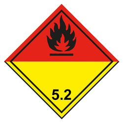 Gefahrzettel, Gefahrgutaufkleber Klasse 5.2 Organische Peroxide, Flamme Schwarz, mit durchgehender Kontrastlinie unten in verschiedenen Größen und Materialien