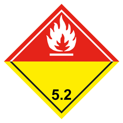 Gefahrzettel, Gefahrgutaufkleber Klasse 5.2 Organische Peroxide, Flamme Weiß, Haftpapier, 150 x 150 mm, 100 Stück/Rolle