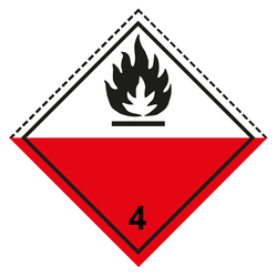 Gefahrzettel, Gefahrgutaufkleber Klasse 4.2 Selbstentzündliche Stoffe, Flamme Schwarz mit gestrichelter Kontrastlinie oben, Magnetfolie, 150 x 150 mm, Einzelstück