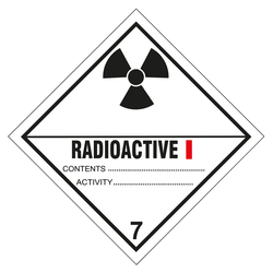 Gefahrzettel, Gefahrgutaufkleber Klasse 7A Radioaktive Stoffe, Strahlensymbol Schwarz mit Zusatztext RADIOACTIVE I, Folie, 30 x 30 mm, 12 Stück/Bogen
