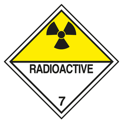 Gefahrzettel, Gefahrgutaufkleber Klasse 7D Radioaktive Stoffe, Strahlensymbol Schwarz mit Zusatztext RADIOACTIVE, mit durchgehender Kontrastlinie, Folie, 50 x 50 mm, 100 Stück/Rolle