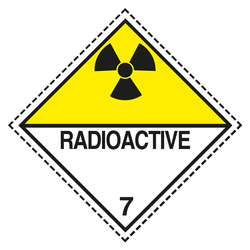 Gefahrzettel, Gefahrgutaufkleber Klasse 7D Radioaktive Stoffe, Strahlensymbol Schwarz mit Zusatztext RADIOACTIVE, mit gestrichelter Kontrastlinie, Haftpapier, 100 x 100 mm, 100 Stück/Rolle