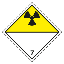 Gefahrzettel, Gefahrgutaufkleber Klasse 7D Radioaktive Stoffe zur Selbstbeschriftung, Strahlensymbol Schwarz, mit gestrichelter Kontrastlinie, Folie, 150 x 150 mm, 100 Stück/Rolle