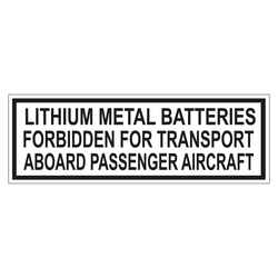 Verpackungskennzeichen LITHIUM METAL BATTERIES - FORBIDDEN FOR TRANSPORT ABOARD PASSENGER AIRCRAFT, Folie, 150 x 50 mm, Einzeletikett