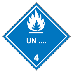 Gefahrzettel, Gefahrgutaufkleber Klasse 4.3 Stoffe, die mit Wasser entzündliche Gase bilden mit Eindruck UN-Nummer, Flamme Weiß, mit gestrichelter Kontrastlinie, Haftpapier, 100 x 100 mm, 500 Stück/Rolle