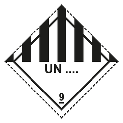 Gefahrzettel, Gefahrgutaufkleber Klasse 9 Verschiedene gefährliche Stoffe und Gegenstände mit Eindruck UN-Nummer, mit gestrichelter Kontrastlinie, Magnetfolie, 150 x 150 mm, Einzelstück