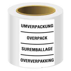 Verpackungskennzeichen Umverpackung, Overpack, Suremballage, Oververpakking, Weiß, Haftpapier, 74 x 105 mm, 100 Stück/Rolle