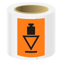 Verpackungskennzeichen Kopflastig, Orange, Folie, 74 x 105 mm, 100 Stück/Rolle