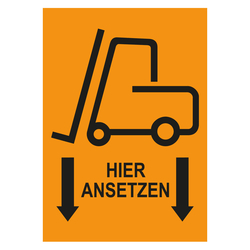 Verpackungskennzeichen Gabelstapler hier ansetzen, Orange, in verschiedenen Größen