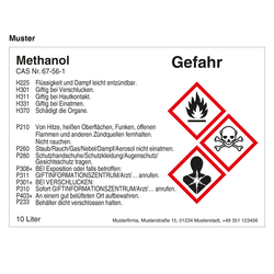 GHS Gefahrstoffetikett Eindruck nach Wunsch f&uuml;r externe Verwendung mit 3 Piktogrammen, Folie, 74 x 52 mm, 500 St&uuml;ck/Rolle