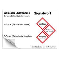 GHS Gefahrstoffetikett Eindruck nach Wunsch f&uuml;r externe Verwendung mit 3 Piktogrammen, Folie, 74 x 52 mm, 500 St&uuml;ck/Rolle