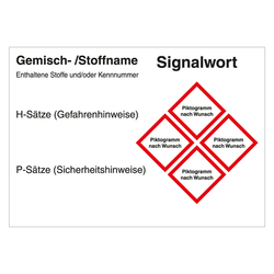 GHS Gefahrstoffetikett Eindruck nach Wunsch f&uuml;r interne Verwendung mit 4 Piktogrammen, Folie, 148 x 105 mm, 500 St&uuml;ck/Rolle