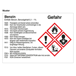 GHS Gefahrstoffetikett Eindruck nach Wunsch f&uuml;r interne Verwendung mit 4 Piktogrammen, Folie, 148 x 105 mm, 500 St&uuml;ck/Rolle