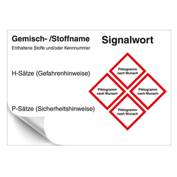 GHS Gefahrstoffetikett Eindruck nach Wunsch f&uuml;r interne Verwendung mit 4 Piktogrammen, Folie, 148 x 105 mm, 500 St&uuml;ck/Rolle