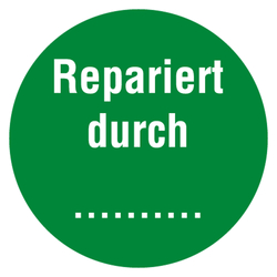 Qualitätsaufkleber Repariert durch, Grün, Dokumentenfolie, Ø 35 mm, Rund, Einzeletikett