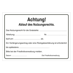 Grabstein Aufkleber "Achtung! Ablauf Nutzungsrecht, Verlängerung, Rückgabeerklärung" in verschiedenen Ausführungen