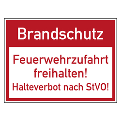 Brandschutzzeichen Brandschutz Feuerwehrzufahrt freihalten Halteverbot nach StVO