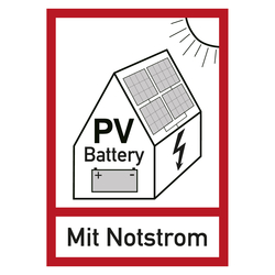 Feuerwehrzeichen Warnung vor Gefahren durch Photovoltaikanlage mit Batteriespeicher Mit Notstrom