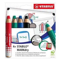 STABILO Whiteboardmarkeretui MARKdry trocken - 4 Stifte, Spitzer + Abwischtuch