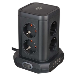 BRENNENSTUHL Steckdosenturm - 8-fach + 4x USB, 2m, schwarz, mit Schalter