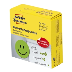 AVERY ZWECKFORM 3858 Bewertungspunkt "lachendes Gesicht" - Ø 19 mm, Spender mit 250 Etiketten, grün