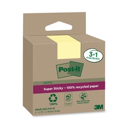 POST-IT Haftnotiz Super Sticky 100% Recycling Notes - 76 x 76 mm, gelb, 3+1x 70 Blatt