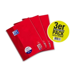 OXFORD Collegeblock - Lin.28, kariert, A4+, 90 g/qm, 70 Blatt, rot, 3er Pack