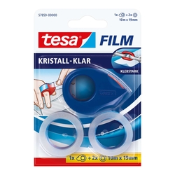 TESA Handabroller Mini - 10 m : 19 mm, blau, inkl. inkl. 2 Rollen Klebefilm kristall klar