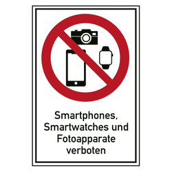 Verbotsschild Smartphones, Smartwatches und Fotoapparate verboten Kombischild