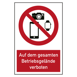 Verbotszeichen Smartphones, Smartwatches und Fotoapparate auf dem gesamten Betriebsgelände verboten Kombischild