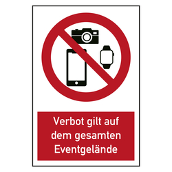 Verbotszeichen Smartphones, Smartwatches und Fotoapparate auf dem gesamten Eventgelände verboten Kombischild