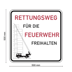Feuerwehrzufahrt Schild Rettungsweg für die Feuerwehr freihalten Aluminium 2 mm reflektierend RA1 500 x 500 mm Einzelschild