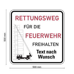Feuerwehrzufahrt Schild Rettungsweg f&uuml;r die Feuerwehr freihalten mit Wunschtext Aluminium 2 mm reflektierend RA1 500 x 500 mm Einzelschild