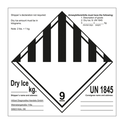 Gefahrzettel, Gefahrgutaufkleber Klasse 9 Verschiedene gefährliche Stoffe und Gegenstände mit UN 1845 Dry Ice Shipper's Declaration mit Eindruck der Firmenadresse, Folie, 150 x 150 mm, 500 Stück/Rolle