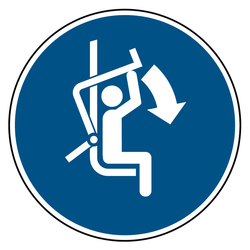 Gebotszeichen Sicherheitsb&uuml;gel des Sessellifts schlie&szlig;en DIN EN ISO 7010 M033