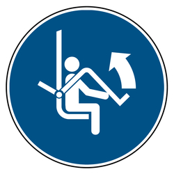 Gebotszeichen Sicherheitsbügel des Sessellifts öffnen DIN EN ISO 7010 M034