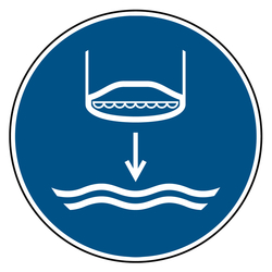 Gebotszeichen Rettungsboot fieren beim Aussetzvorgang DIN EN ISO 7010 M039