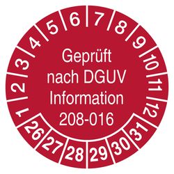 Pr&uuml;fplaketten Gepr&uuml;ft nach DGUV Information 208-016 Rot