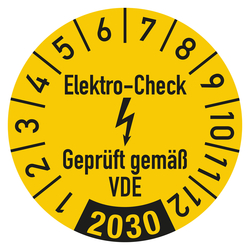 Jahrespr&uuml;fplaketten Gelb "Elektro-Check Gepr&uuml;ft gem&auml;&szlig; VDE" Jahr 2030 Folie &Oslash; 30 mm 10 St&uuml;ck/Bogen