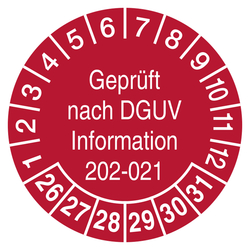 Pr&uuml;fplaketten Gepr&uuml;ft nach DGUV Information 202-021 Rot